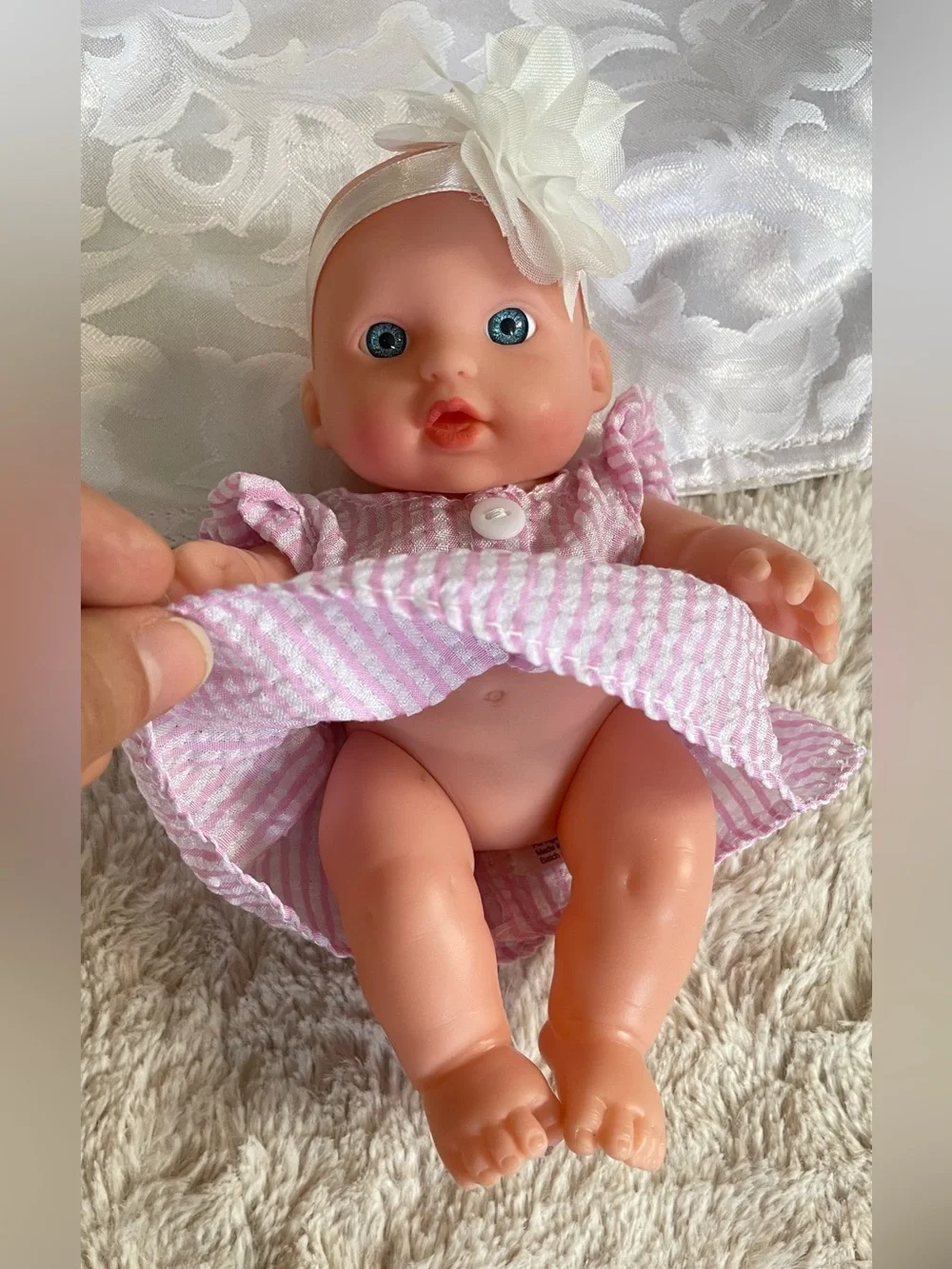 Cute 7” Baby Doll Pink Dress Blue Eyes Movable Arms Legs